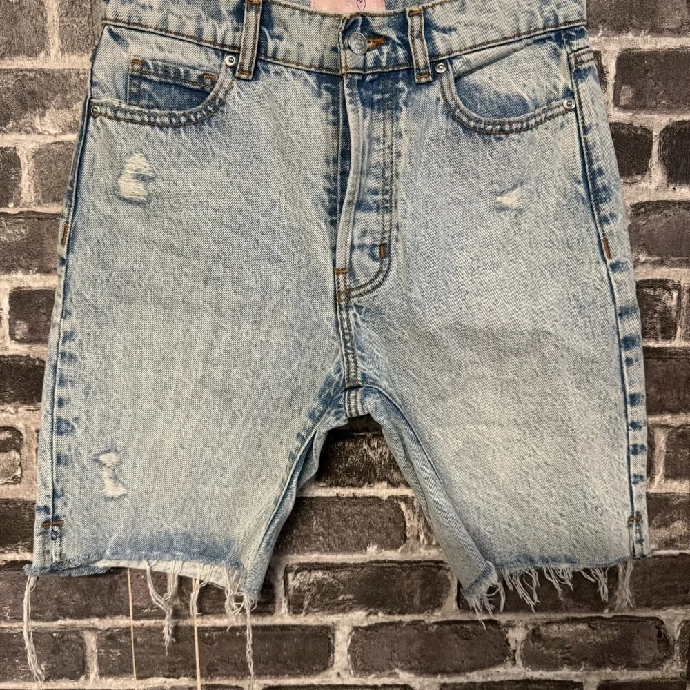 Revice Beverly Drive Button Fly Long Bermuda Denim Jean Shorts distressed